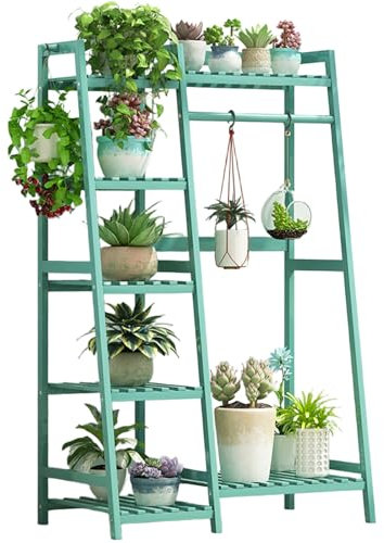 DECORN Hängende Pflanze Stand 5 Tiers Bambus Pflanze Regal für mehrere Blumen Pflanzer Halter Große Zahnstange für Indoor Outdoor Fenster Garten Balkon Patio Veranda Wohnzimmer,Grün,80cm/31.5 L