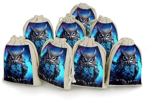 LPSADGF 8 x blaue Eulen-Geschenktüten mit Kordelzug, wiederverwendbare Baumwoll-Leinen-Aufbewahrungsbeutel für Weihnachten, Hochzeiten, Partys, Gastgeschenke, 12,4 x 17 cm, kleine Jutebeutel