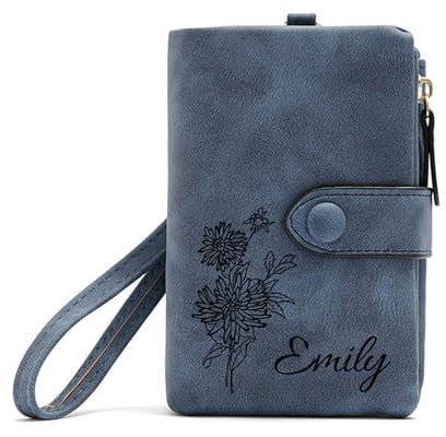 Personalisierte Geldbörse für Frauen, Individuelle Geburtsblume und Name, Kleine Leder Geldbörse, Münzbörse, Kartenhalter für Frauen, Teenager-Mädchen, Individuelle Geschenke zum Muttertag (Blau)
