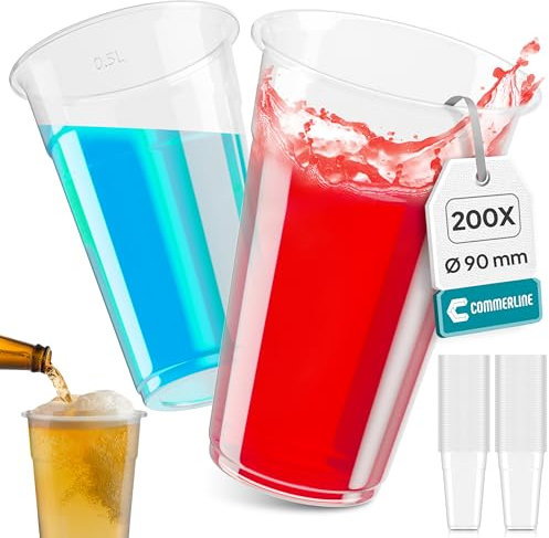 Commerline Bicchieri in plastica trasparente, 0,5 l, 200 pezzi, in plastica, per feste, in polipropilene (PP)