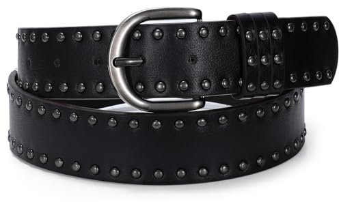 SUOSDEY Damen Nietengürtel für Jeans Hosen Kleider, Ledergürtel mit silberner Schnalle 3.8 cm breit schwarz