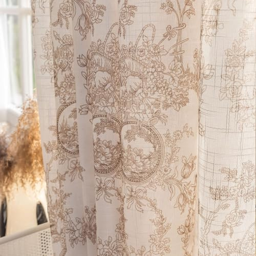 SUOUO Halbtransparente Vorhänge mit Blumenmuster, Leinenstruktur, für Wohnzimmer, H 245 x B 140 cm, 2er-Set, Stangentasche, Lichtfilterung, Fenstervorhänge für Schlafzimmer, Esszimmer, Kaffee