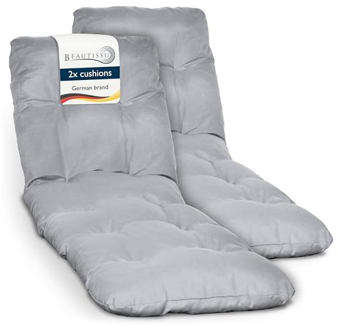 Beautissu 2x Padded Sun Lounger Cushion Garden Recliner Steamer Chair | 190x60x8cm light grey sunbed pad as relaxer cushions outdoor patio seat deckchair Flair RL