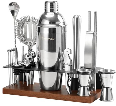 Kit Shaker Cocktail 23 Pièces avec Support, Acier Inox 304, Cadeau Barman | Kit bar complet pour la maison: shaker étanche, doseur, pilon, acier 18/8. Idéal pour débutants, amateurs de cocktails