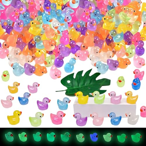 120 PCS Mini Leuchtende Harz Enten, Ca.15 Farben Miniatur Ducks Kleine Figuren Bunte Tiere Enten,kleine Kunststoffenten, Mini-Harz-Tiere, leuchten im Dunkeln, fürMikrogarten, Zuhause, Landschaft