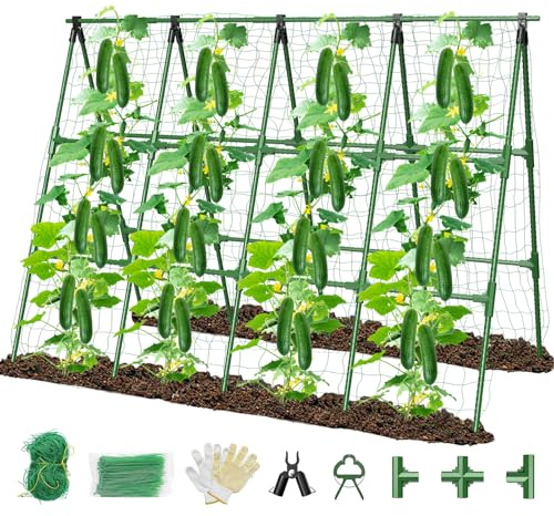 180 x 114 cm Concombre Treillis pour lit surélevé a - Frame Treillis de Jardin Pliable pour Plantes d'escalade en Plein air avec Filet d'escalade et Support de Plantes pour concombres, tomates(Vert)