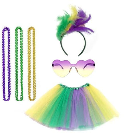 POIUIYQA Gras Kostüm Zubehör Outfit, beinhaltet geschichteten Tüll Tutu Rock, Mardi Gras Perücken, Brille, Mardi Gras Perlen Halskette für 80er Jahre 90er Geburtstag Mardi Gras Party