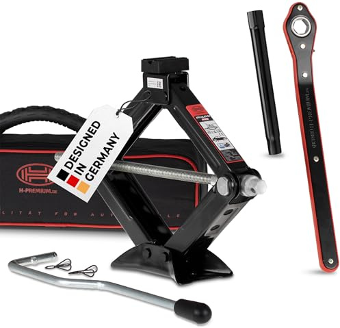 HEYNER® Scherenwagenheber 1,5 t für Seat Leon Gen 4, 104-380 mm Hubhöhe | inkl. 360° drehbarer Gummiauflage (4 mm Metallkern), Ratsche, Kurbel Komfort‑Verlängerung, aus Stahl, TÜV-Zertifiziert