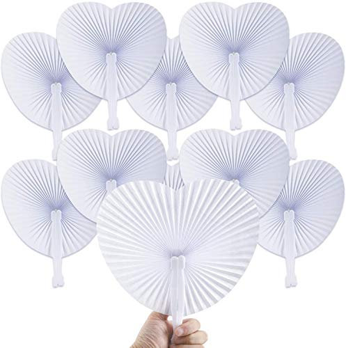 Bestage 20 Pack White Paper Fans Heart Shaped Handheld Folding Fans with Plastic Handle for Wedding Decorations Party Favor Gift Bags Travel