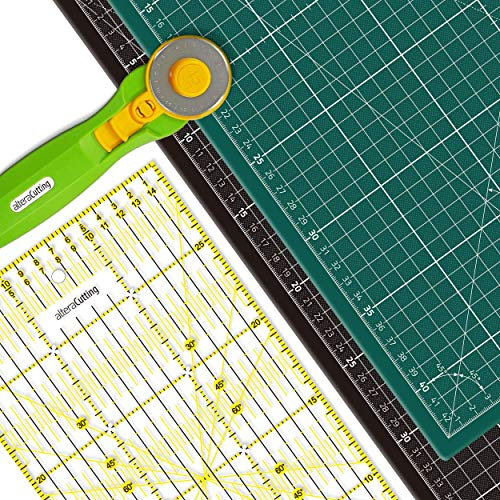 Altera Schneidematte Set, Schneidunterlage A1 (60x90cm) Grün/Schwarz, Selbstheilend mit Rollschneider und Universal-Lineal 60x15cm