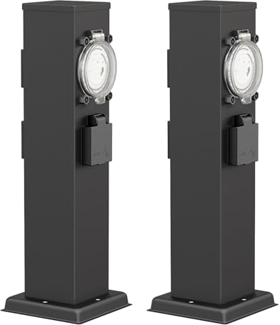 ledscom.de 2 Stück Garten Steckdosensäule Polly für außen, IP44, Timer/Zeitschaltuhr, 3-Fach, Edelstahl, schwarz, eckig, 38 cm