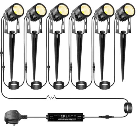 ECOWHO 21m Extendable to 8 Garden Lights Mains Powered Premium Spotlights Outdoor Lighting LED 12V Spike Waterproof Uplighter for Patio Path (Warm White 6-Packs 18w 3 pin Plug Adapter)