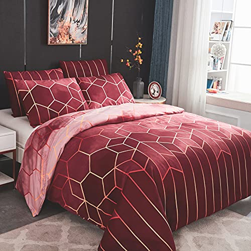 Dencalleus Bettwäsche-Set Geometrisch, 1 x Bettbezug 135x200 cm mit 1 x Kissenbezügen 50x70 cm, Weiche Bedding Set 2teilig Kuschelige Bettwäsche Set mit Reißverschluss, Rosa Rot