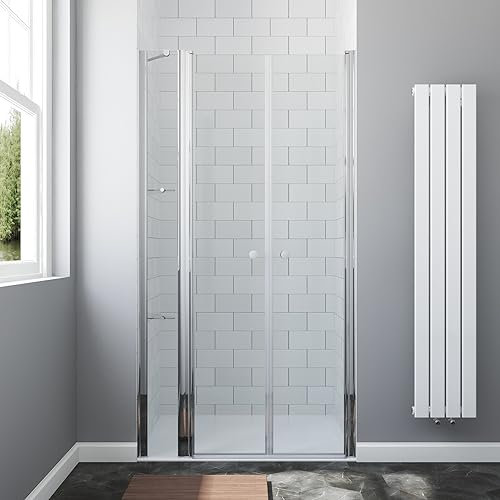AQUABATOS® Duschtür in Nische 130 x 195 cm mit Festteil und 2 Eckregalen aus 6mm ESG Nanobeschichtung Glas, Nischentür Dusche mit Wandablagen, Duschwand Glas Drehtür Pendeltür mit Duschablagen