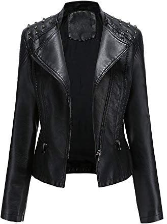 GITVIENAR Kunstlederjacke Damen, Bikerjacke mit Reißverschluss, Lederjacke mit Nieten, Reverskragen dünne Jacke für Frühling und Herbst