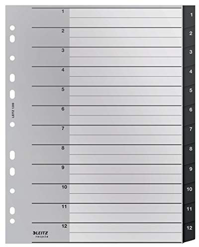 Leitz Register mit 12 Taben, 1-12, Extrabreit, Umweltfreundlich, Recycle-Serie, Schwarz, 12090000