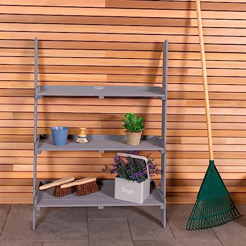 Charles Bentley FSC Wide Wooden Ladder Planter - Grey 3 Shelves Wood Modern Planting Vertical Garden Herbs Flowers