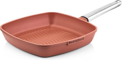 Westinghouse PERFORMANCE SERIES Grillpfanne, Große Bratpfanne 28 cm mit Edelstahl-Griff für Induktion, Grill & alle Herdarten, Beschichtete Pfanne, Ofenfest & Spülmaschinenfest, Aluminium, Rotbraun