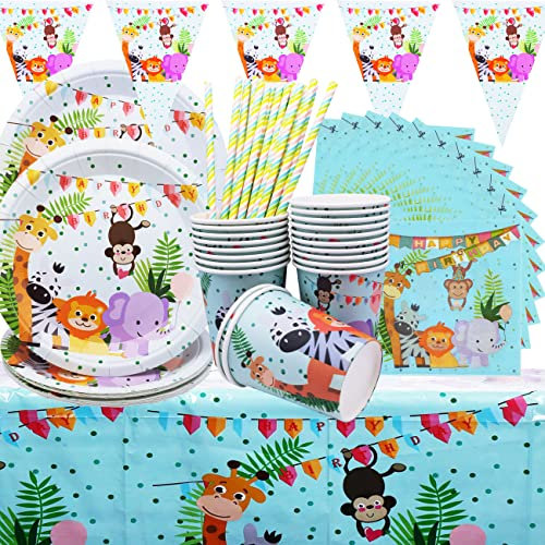 SHAMO 82 Piezas Vajilla de Animales, Juego Vajilla Animales, Incluye Platos de Animales,Tazas, Servilletas, Pajitas, Banderín, Mantel, para Niños Suministros de Fiesta de Cumpleaños de Animales