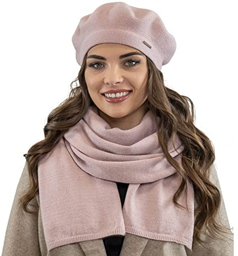 VIVISENCE Damen Baskenmütze Eleganter Wintermütze Und Schal Set Warm Kopfbedeckung Und Halsbedeckung An Winter Und Herbst Warm Dick, Winterset Für Frauen, Hergestellt In EU, Rosa