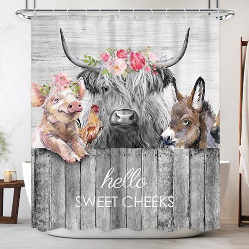 Newsely Highland Cow Duschvorhang, niedliches Bauernhof, Kuh, Huhn und Schwein mit Blumen auf Zaun, Badezimmer, Duschvorhang-Set, Western-Bauernhaus, rustikale Tiere, Badzubehör, 152x183 cm (BxH)