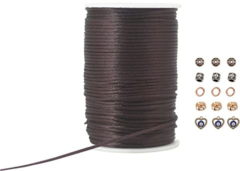 Coffee Satin Cord 2.5mm Nylon String 300 feet Satin Rattail Silk Cord for Jewelry Making-Braided Bracelets-Necklace-Macrame Craft-Keychains Lanyards-Drawn String Bags