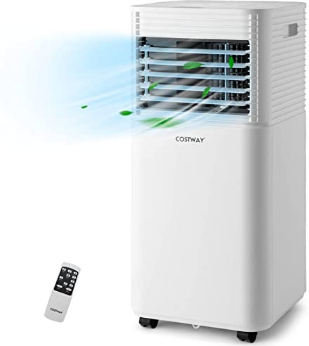 COSTWAY 7000/9000BTU Portable Air Conditioner, 4 in 1 Mobile Cooler, Dehumidifier, Fan with Sleep Mode, Remote Control, 2 Fan Speeds, 24H Timer, LED Display & Protective Function (9000BTU,White)