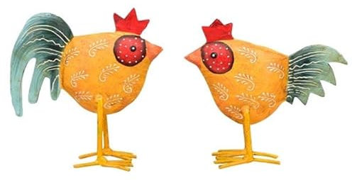 ETC frühlingshaftes kleines buntes Deko-Huhn und Deko-Hahn Metall bemalt im 2er Set gelb