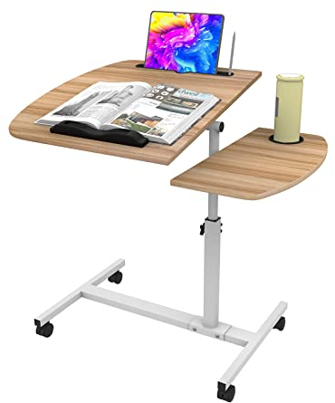 PIPIPOXER Laptoptisch Höhenverstellbar 61-91 cm, 60×40cm Mobiler Stehtisch mit 4 Rollen & 1 Stopp-Leisten, Tablet-Schlitz und Cup Slot, 360 Drehbaren Tischplatte, Beistelltisch fürs Sofa, Holz