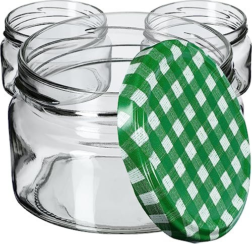 KADAX Lot de 10 bocaux à confiture, 250 ml, avec couvercle Twist-Off fi82, hermétiques et lavables au lave-vaisselle, en verre épais, choix de couvercles à visser (vert à carreaux)