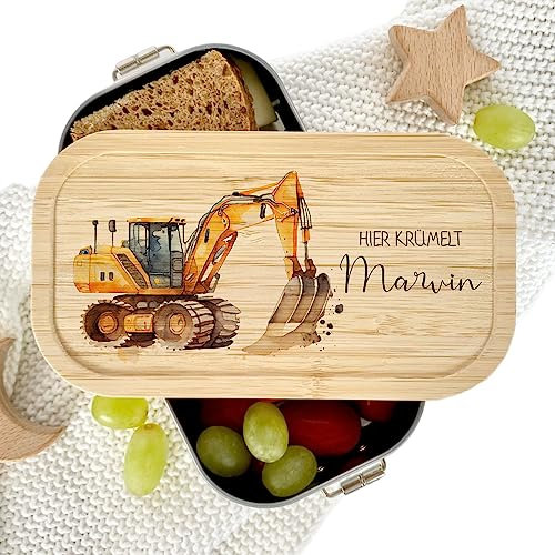 Manufaktur Liebevoll - Personalisierte Brotdose mit Fächern, Edelstahl Lunchbox mit Bambus Deckel u. Trenner, Nachhaltige Brotbüchse | Mädchen, Jungen (Motiv Bagger, Edelstahl | M)