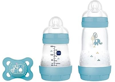 MAM Easy Start Anti-Colic Starter Set S, Baby Erstausstattung mit 2 Anti-Colic Flaschen (160 ml & 260 ml) inkl. Sauger Größe 1 und Schnuller, Baby Geschenk Set, ab der Geburt, blau