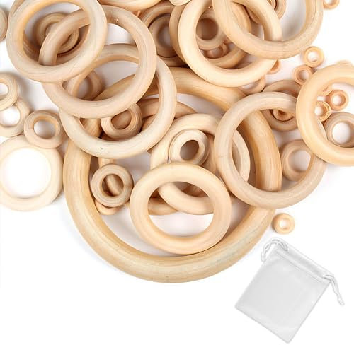 90 Stück Ringe aus Naturholz mit 1 Aufbewahrungstasche, runde Ringe aus Rohholz, runde Ringe aus Naturholz, Ohrringe aus Holz, Basteln