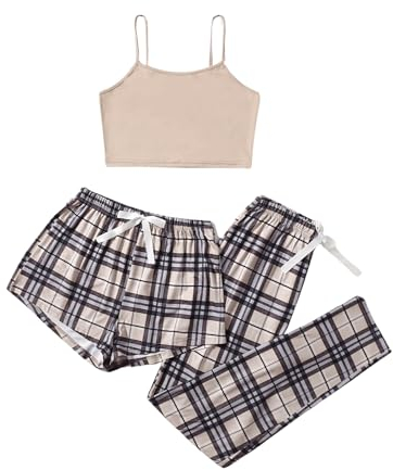 GORGLITTER Damen Schlafanzug 3er Set Cami Schlafanzug Plaid Pajamas Set Nachtwäsche Schlafhose Kariert Schlafanzüge Hausanzug Beige und Schwarz M