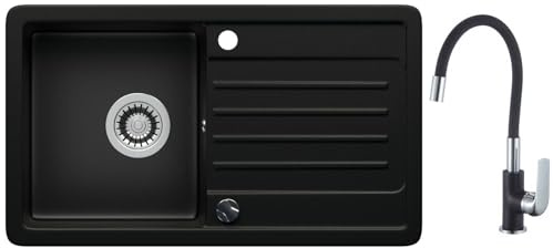 LINDBERGH® Küchen Granit-Spüle Schwarz VEL44 + 1-Tubo Siphon, Verbundstoffe Made in Germany, Spülen Küche Küchenspüle Spülbecken Kitchen Waschbecken Sinks Einbauspüle, inkl. Imprägnierung