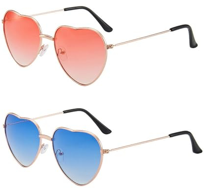 Hippie Sonnenbrille, Herz Sonnenbrille Damen, Hippie Kostüm Sonnenbrillen, Metallrahmen Hippie Brille, Retro Kostüm Brille für Kinder Herren Damen 60er 70er 80er Party Hippie Chic, 2 Stück(Rot+Blau)