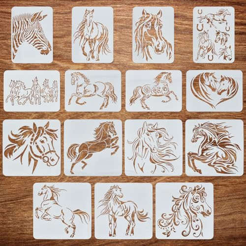 FINGERINSPIRE Malschablonen-Set mit Pferden, 21,1 x 29,7 cm, 30 x 30 cm, Prinz charmanter Hengst, schwarzes Pferd, Hufeisen, laufendes Pferd, Zebrapferd, Herde, Pferd, Paar, feines Pferd,