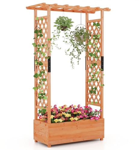 RELAX4LIFE Pflanzkasten mit Rankgitter & Dachregal, Blumenkasten mit Gartenspalier für Kletterpflanzen & Korbpflanzen, Rankkasten Holz, Blumenbeet für Balkon Terrasse (110 x 44 x 182 cm, Orange)