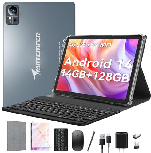 2025 Android 14 Tablet 10 inch, 4G Cellular with 2 SIM, 1 SD Slot, 5G WiFi, 128GB ROM + 14GB RAM, 3-in-1 with Keyboard, 8000mAh Battery, Octa-core, 1080FHD, 13MP+8MP, GPS - Gray