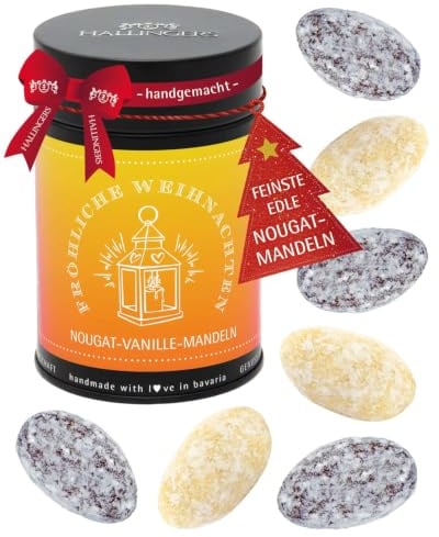 Hallingers Genuss Manufaktur Nougat-Mandeln Weihnachts-Geschenk - von Hand in der Manufaktur schokoliert ohne Alkohol in der Geschenkdose Fröhliche Weihn..., Weihnachten für Frauen Männer