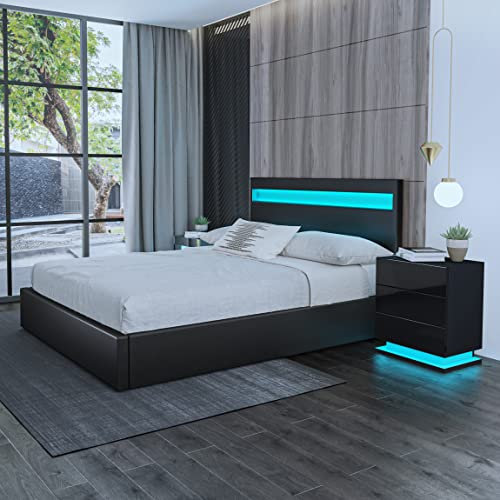 4ft Small Double Ottoman With LED Lights, Gas Lift Storage Bed in Faux Leather, Upholstered Frame Bedroom Furniture Black