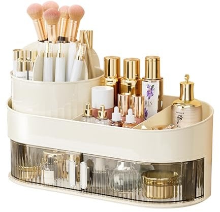 Organizador de Maquillaje con Cajones Rotación Ajustable Caja Maquillaje Beauty Organizer de 2 Niveles Soporte Almacenamiento Cosmeticos de Plástico Makeup Skincare Expositor para Tocador Dormitorio