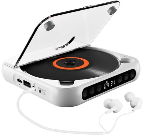 summina CD Player BT Music Player CD Runner with Headphones and Dustproof Cover 6 Modes A-B Repeat Timer Remote Control External Playback Function Portable Home Desktop CD Player (White)