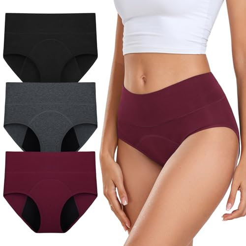coskefy Periodenunterschwäsche Starke Blutung Perioden Unterhosen Damen Menstruationsunterwäsche Atmungsaktiv Postpartum Slips 3er Pack Schwarz Grau Rot XXL