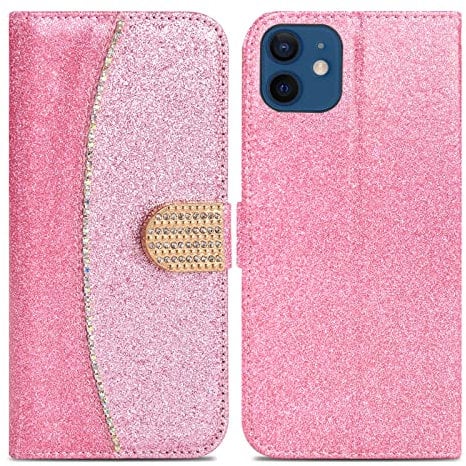Case Compatible With iPhone 12 Mini - Flip Case Bling Glitter Sparkle Wallet Cover For iPhone 12 Mini - Rose Gold Glint