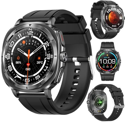 Fohatu Neu 𝐁𝐥𝐮𝐭𝐳𝐮𝐜𝐤𝐞𝐫 Smartwatch Herren 1.43”AMOLED mit EKG+HRV/Harnsäure/BMI/Annehmen/Anruf tätigen mit SOS-Notruf/Sportuhr Smartwatch für Android iOS (Schwarz)