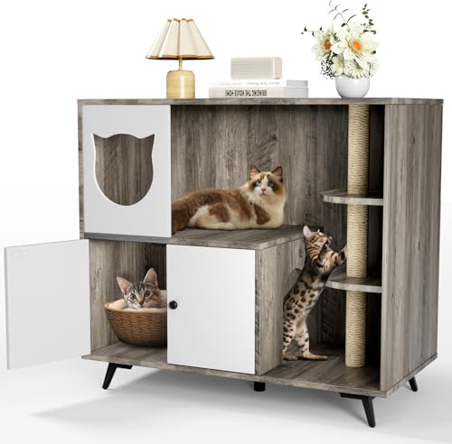 MAMIZO Katzenklo Schrank, Katzenschrank für Katzentoilette, 98x91x50CM, Katzentoilette Schrank mit Kratzbaum, Versteckt Katzenkloschrank mit Tür, Katzenhaus Katzenhöhle Tragfähigkeit 50 KG, Hellgrau
