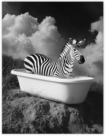 Artery8 Zebra Bath Time in Bathtub Black White Surreal Bathroom Toilet Extra Large XL Wall Art Poster Print