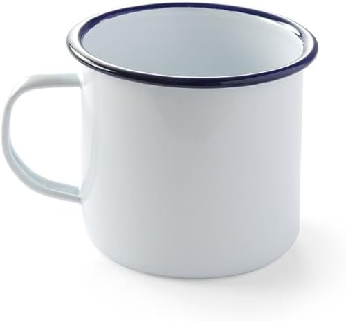 HENDI Tazza in acciaio smaltato bianco, con bordo blu, per colazione, tazza da tè, tazza da caffè, per bevande calde e fredde, per campeggio, escursioni e picnic, per il gelato, 0,52L, ø100x(H) 90mm