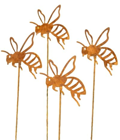 Set Of 4 Rusty Bee Garden Stakes 8x38cm Steel Metal Honeybee On Lawn Stick Decoration